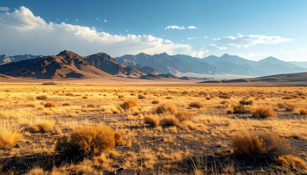 A wide, dry landscape stretches out with golden, sun-baked grasses and scattered brush, leading towards a majestic mountain range in the distance under a partly