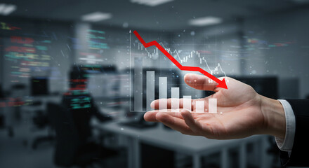 Professional hand presenting dramatic downward trend graph with red arrow symbolizing financial crisis and business recession