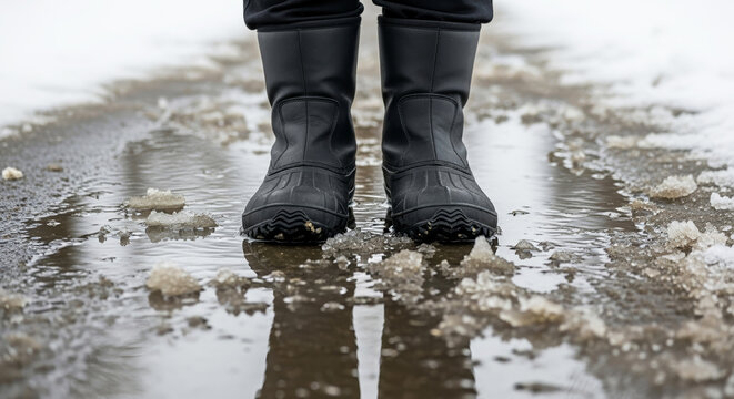 Winter boots in slush on snow covered path during winter season with reflection. Winter boots designed for safety in cold temperatures, winter boots walking in icy slush.
