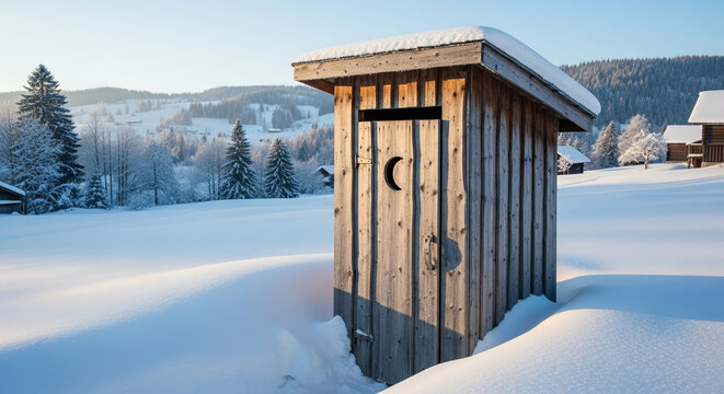 Village outhouse in snow reflects rustic simplicity in winter, snow blankets simple wooden outhouse under clear skies. Village outhouse provides essential sanitation during cold months.