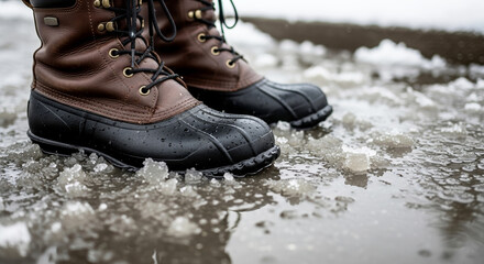 Winter boots in slush provide traction during inclement weather, offering warmth and protection. Cold weather footwear for snowy and icy conditions, emphasizing slip resistance, insulative materials.