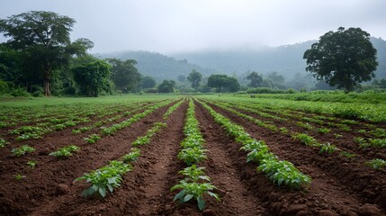 Obraz premium A vast agricultural field with young green plants in neat rows set against a misty mountainous landscape