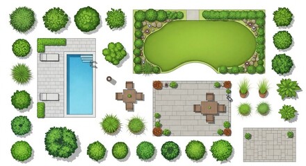 Top view of various landscape design elements isolated on white background