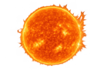 Sun star displaying intense solar flares and plasma surface activity on a transparent alpha channel background