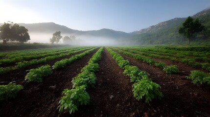 Young green crops in neat rows on a farm field at sunrise with misty hills in the background