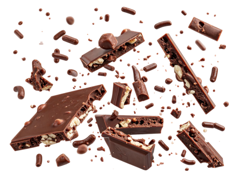 Assortment of chocolate pieces and sprinkles appear suspended against a dark background, suggestive of movement