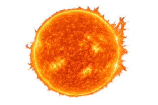 Sun star displaying intense solar flares and plasma surface activity on a transparent alpha channel background