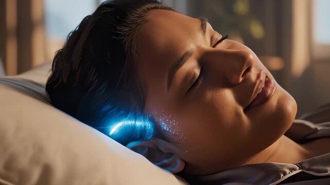 Woman Sleeping Peacefully With Glowing Device in Her Ear