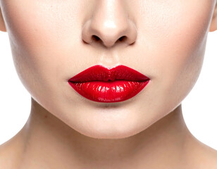 Fototapeta premium Close-up of a fair-skinned person's face focusing on the red lipstick-covered lips. The nose, and cheeks are visible
