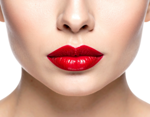 Close-up of a fair-skinned person's face focusing on the red lipstick-covered lips. The nose, and cheeks are visible