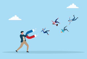 Vector illustration of a businessman using a giant magnet to attract other business people, symbolizing networking, leadership, influence, and talent attraction

