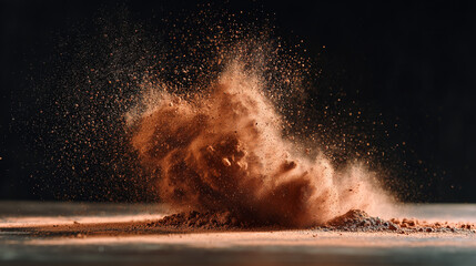 A dynamic explosion of brown powder suspended in air against a dark contrasting background on a surface