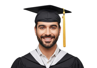 Smiling man wearing a graduation cap and gown with a tassel celebrating academic achievement and educational success isolated on transparent background