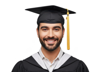Smiling man wearing a graduation cap and gown with a tassel celebrating academic achievement and educational success isolated on transparent background