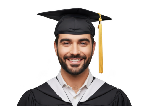 Smiling man wearing a graduation cap and gown with a tassel celebrating academic achievement and educational success isolated on transparent background