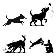 Dog sky diving symbol collection of silhouettes showing a dog playing and jumping, isolated on