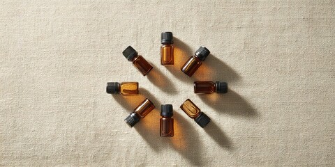 Various essential oil bottles arranged in a circular pattern on a neutral fabric surface during daylight