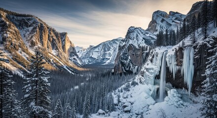 Panoramic Winter Mountain Valley Landscape with Snow and Frozen Waterfall