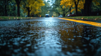 Raindrops splash on the pavement as vibrant leaves sway in the breeze