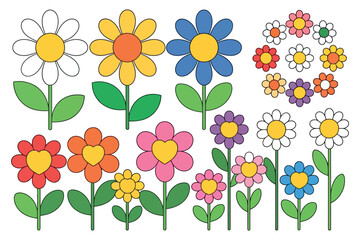 A collection of colorful cartoon flowers in various sizes and shapes evokes a cheerful spring mood.
