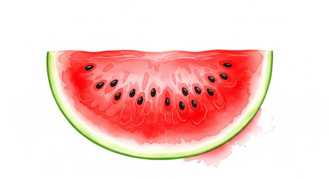 Vibrant watercolor slice of fresh watermelon bursting with juicy red pulp and black seeds, perfect for summer refreshment and healthy eating visuals.