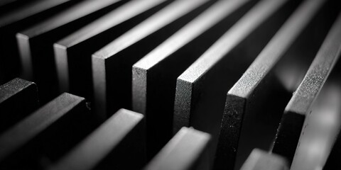 Close-up view of black metallic bars arranged parallel in a structured formation