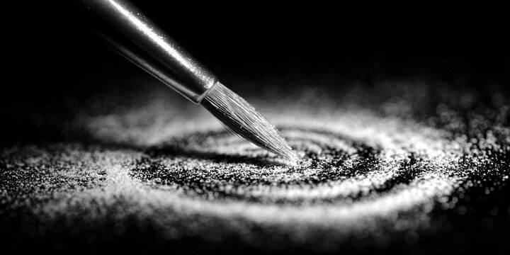 Brush spreads fine particles in swirling patterns on a dark surface during an artistic session