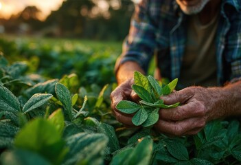 A man is holding a leaf in his hand while standing in a field