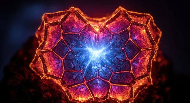 Abstract Geometric Crystal Heart with Glowing Blue Energy Core.