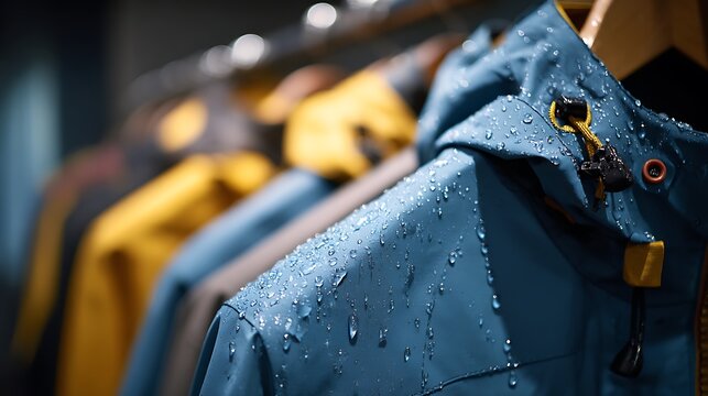 A close-up of a nylon windbreaker jacket hanging on a rack, highlighting its waterproof qualities and modern design .