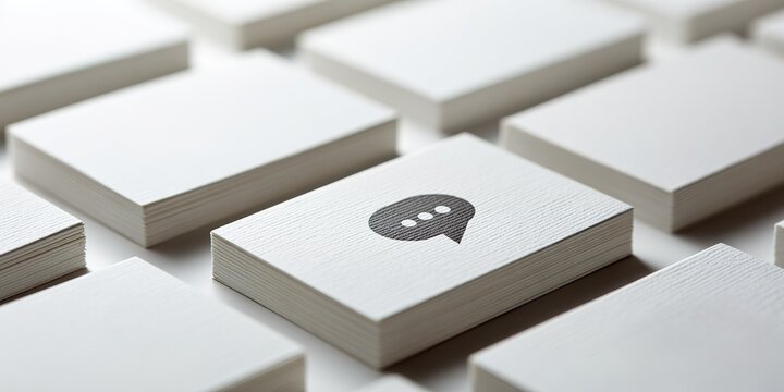 White business cards with speech bubble design arranged on a surface for networking and communication