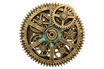 Steampunk clockwork mechanism with interlocking metal gears isolated on a transparent background
