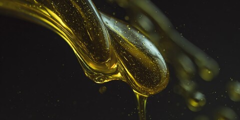 Golden liquid drips gracefully against a dark background highlighting its texture and sheen in an engaging moment of movement