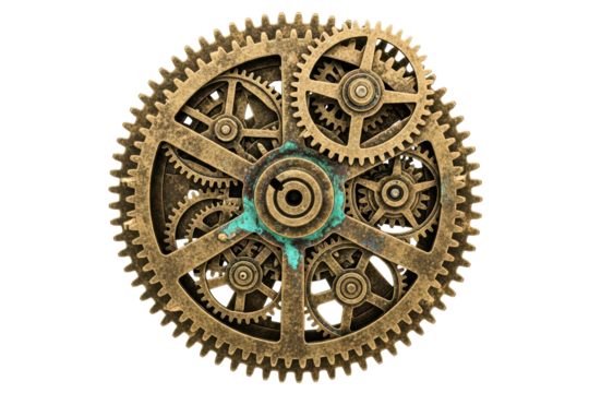 Steampunk clockwork mechanism with interlocking metal gears isolated on a transparent background - Powered by Adobe