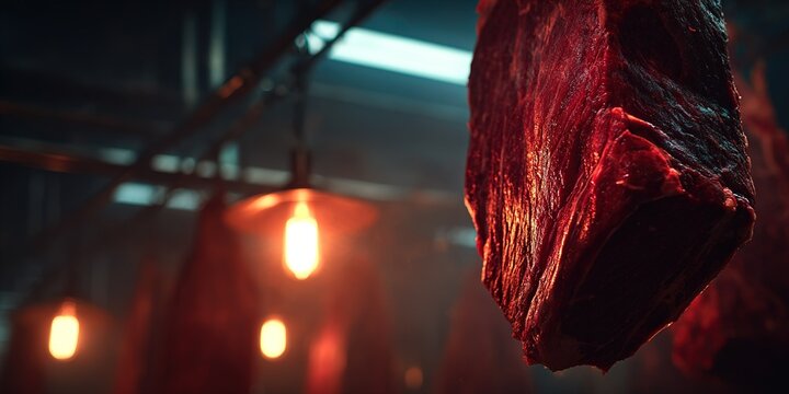 Raw meat hanging in a dimly lit meat processing area showcasing fresh cuts under warm lights