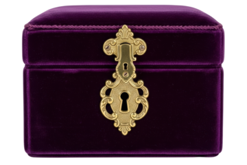 Purple velvet jewelry box with an ornate antique gold lock isolated on a transparent background