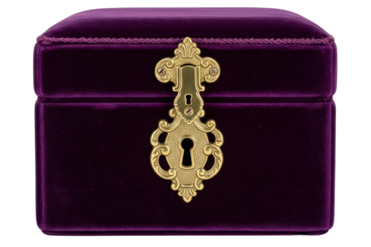Purple velvet jewelry box with an ornate antique gold lock isolated on a transparent background - Powered by Adobe