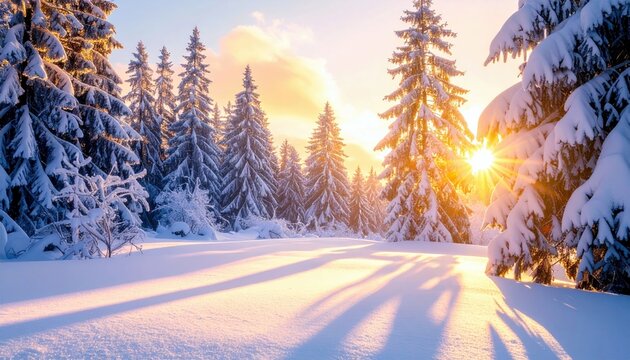 A serene winter forest scene bathed in warm sunlight, with snow-laden pine trees and long shadows stretching across a pristine snowfield. - Powered by Adobe