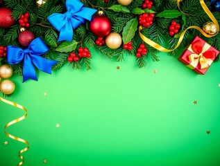 Naklejka premium Christmas garland border with ornaments and ribbons on green background