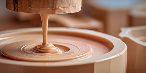 Crafting smooth clay with a potter's wheel in an artisan studio during afternoon sunlight