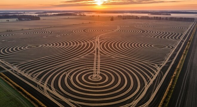 Aerial view of a wind turbine in a field with circular irrigation patterns at sunrise.