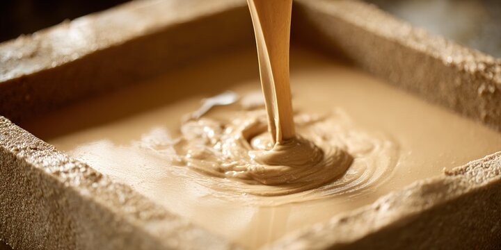 Pouring liquid clay into a mold at a pottery studio in the afternoon light