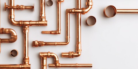 Copper plumbing pipes arranged on a clean white background for building and renovation projects