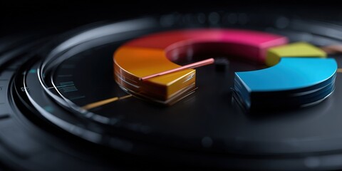 Colorful pie chart representing data analysis on a black background with sleek design elements