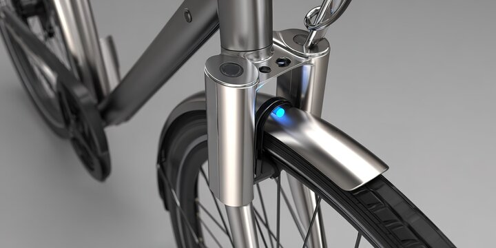 High-tech bicycle front fork with integrated locking system and blue LED indicator light