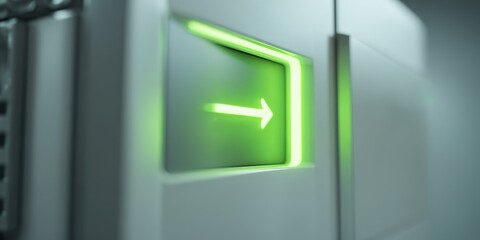 Green directional arrow light on machine guide indicates action for users in a modern facility setting