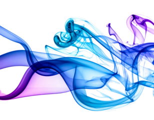 An abstract image featuring flowing colored smoke on a black background. The smoke is primarily shades of blue, with hints of purple and pink