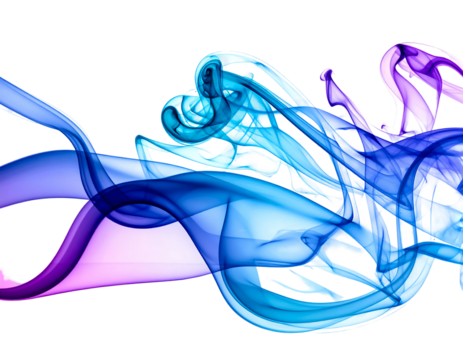 An abstract image featuring flowing colored smoke on a black background. The smoke is primarily shades of blue, with hints of purple and pink