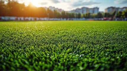 Sunlight brightens a vibrant green grass field in a bustling urban park during daylight
