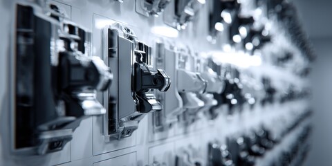 Detailed view of various electronic switches arranged in a modern control panel setup at an industrial facility during the day